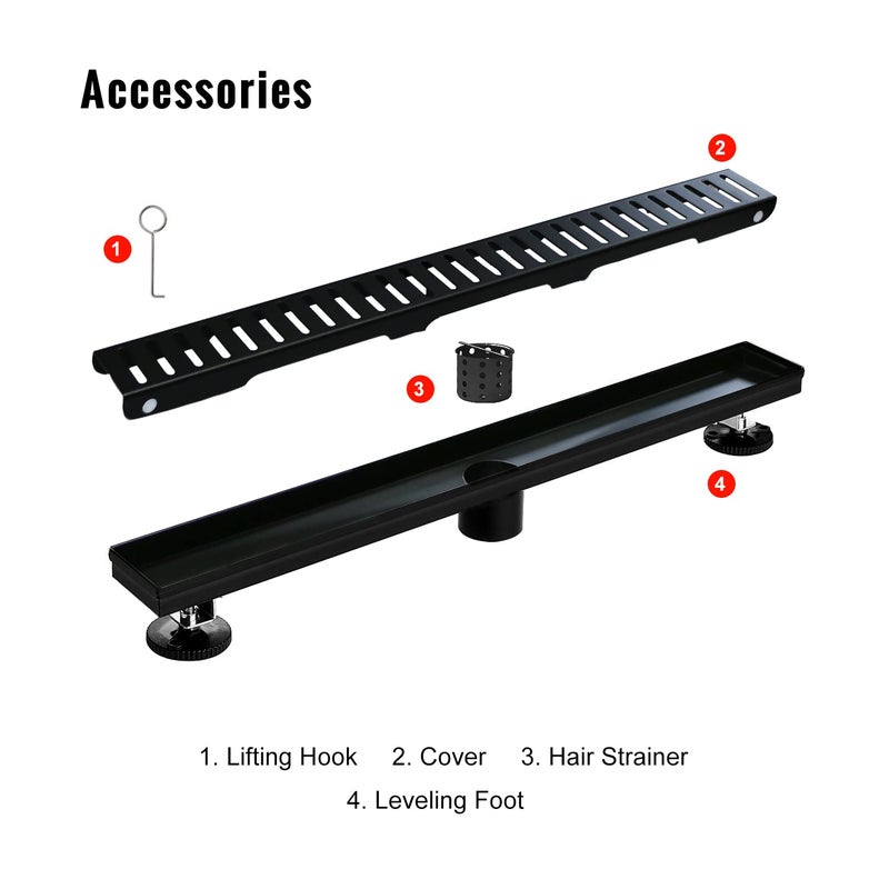 SaniteModar Linear Shower Drain, 24 inch Matte Black Shower Drain with Removable Capsule Pattern Grate,304 Stainless Steel Shower Drain Include Hair Strainer,Adjustable Leveling Feet - Image 5